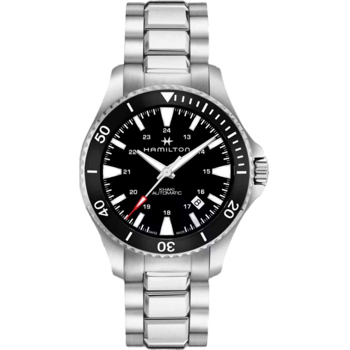 Hamilton Khaki Navy H82335131 automatic watch featuring a black dive dial, rotating bezel, and stainless steel bracelet