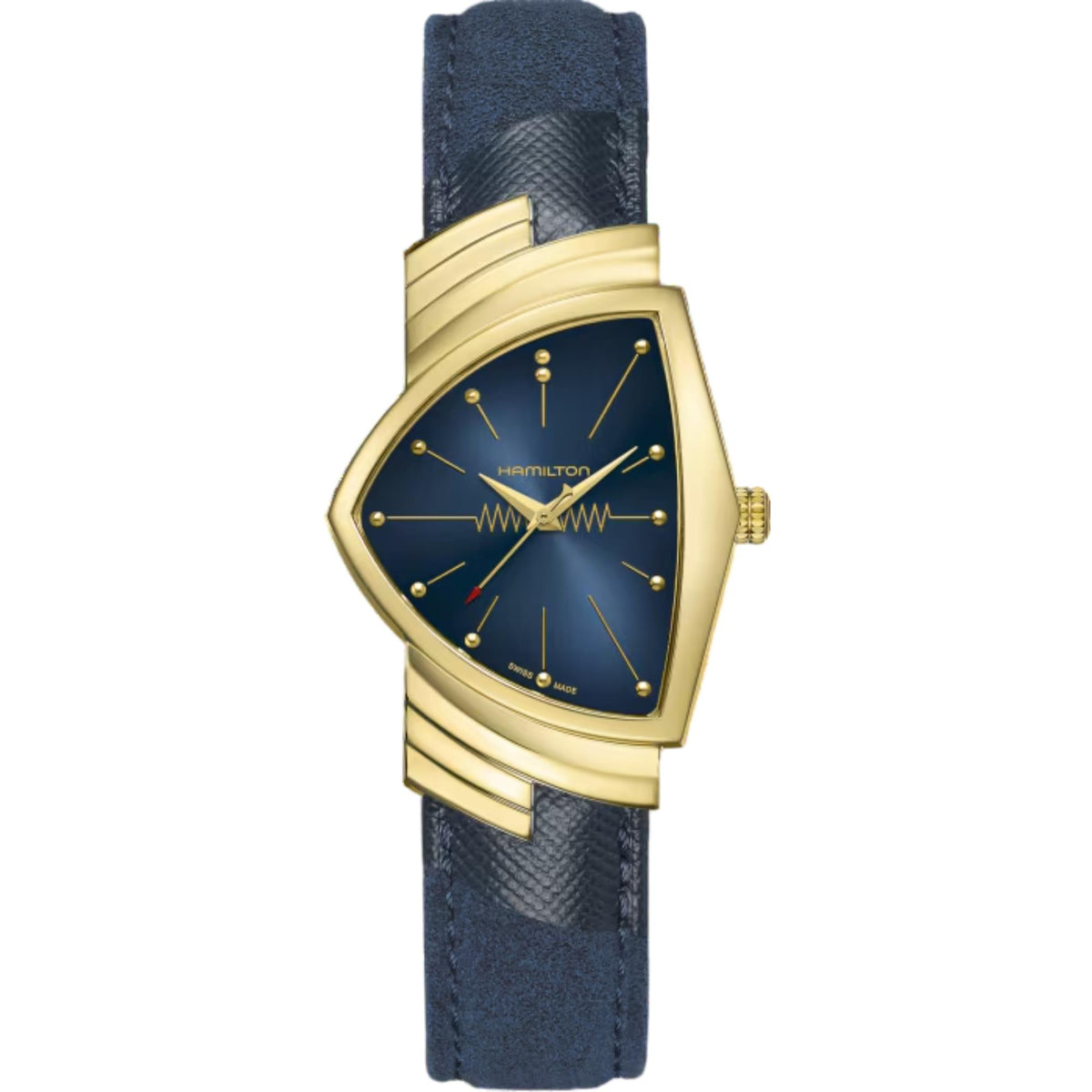 Ladies quartz watch with blue dial, gold-tone case, blue textile strap