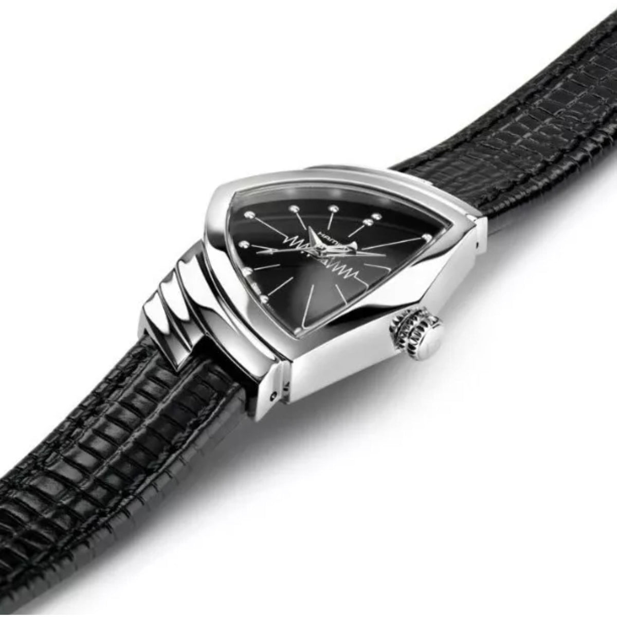 Ladies quartz watch angled view, black dial with silver triangular case and leather band
