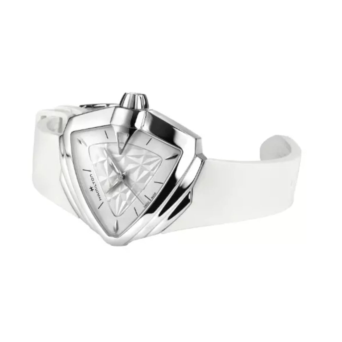 Quartz wristwatch angled view, silver case with textured pattern and white rubber strap