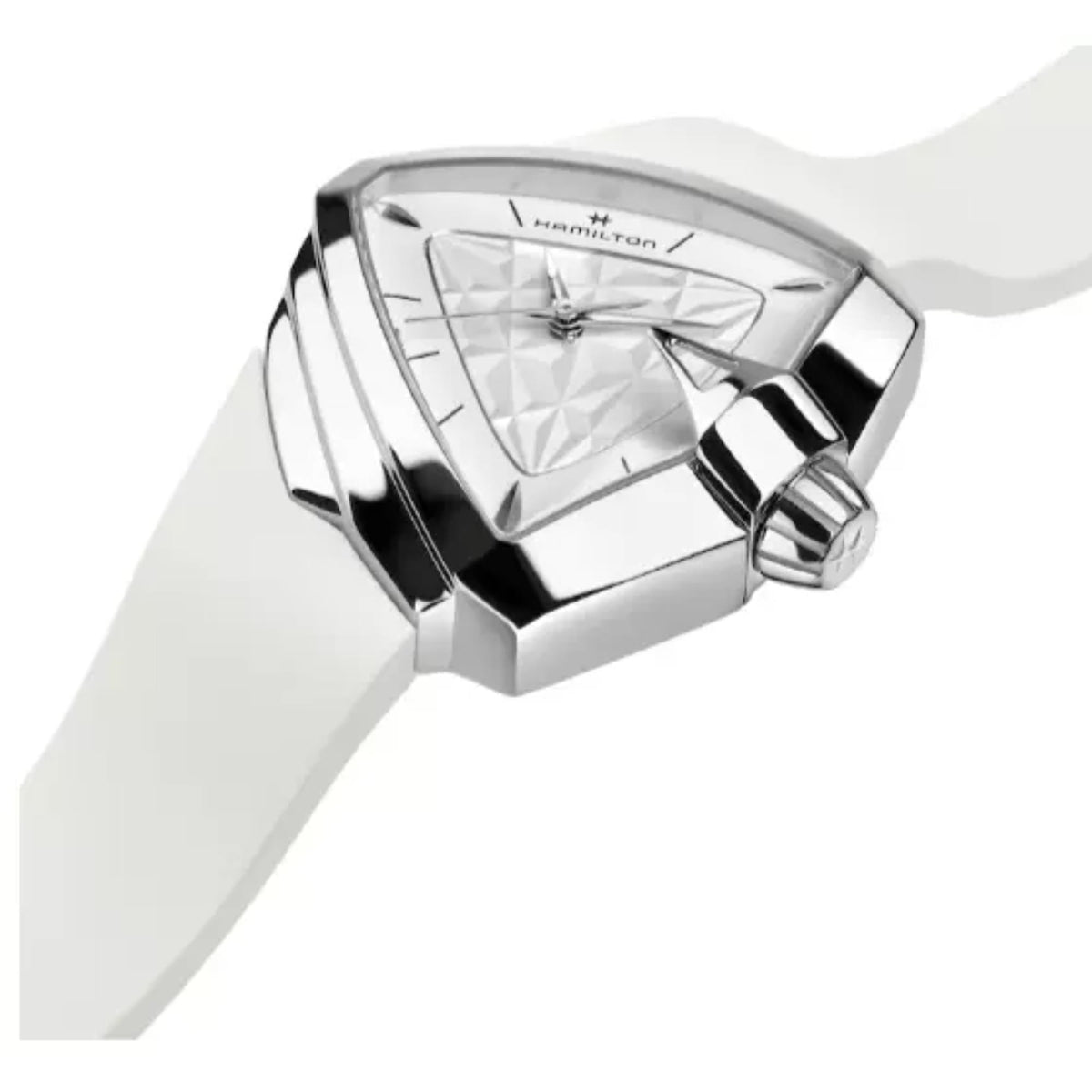 Quartz wristwatch close-up, silver case with textured dial and white rubber strap
