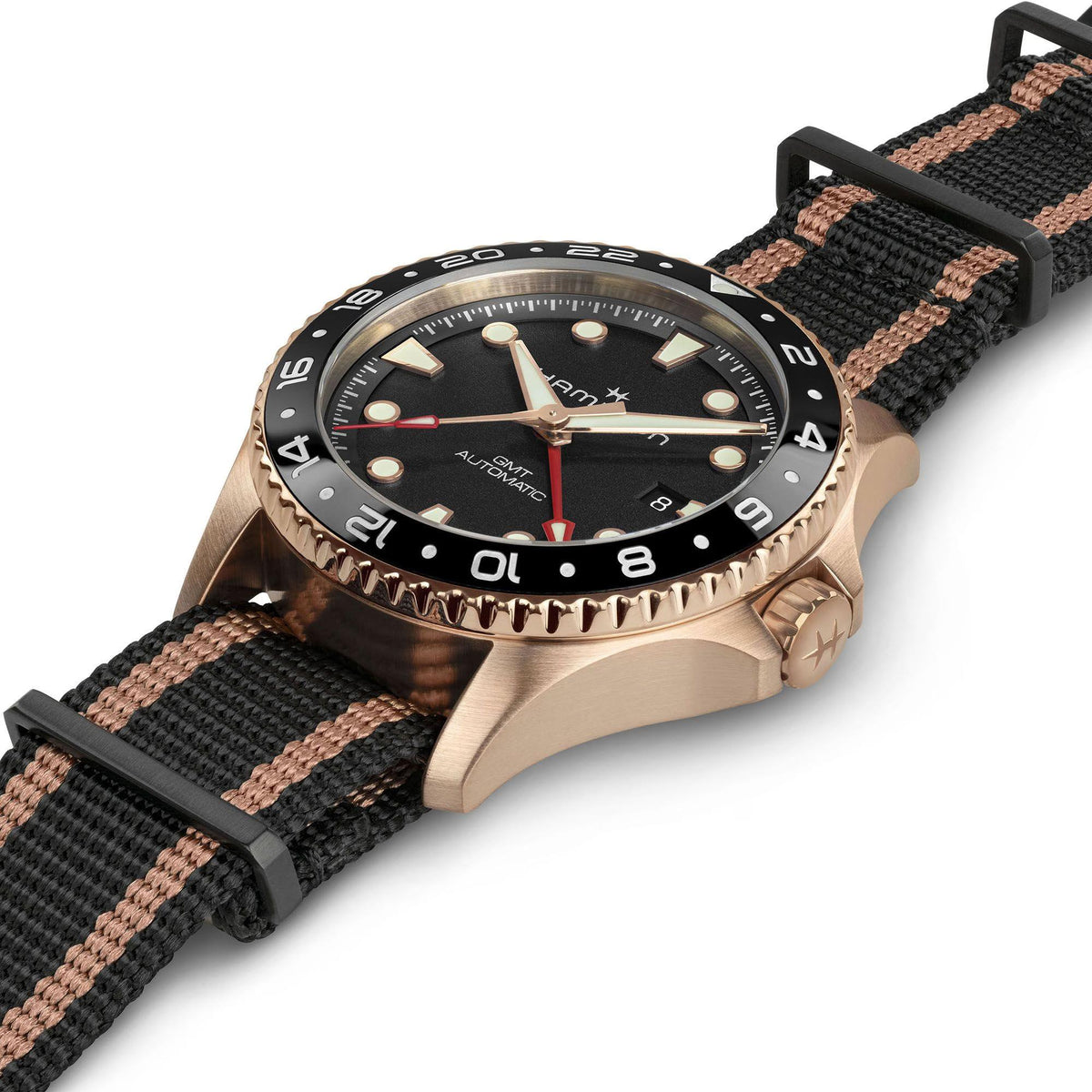 Hamilton Khaki Navy H82565930 close-up perspective showing case detail, dial, and NATO strap attachment