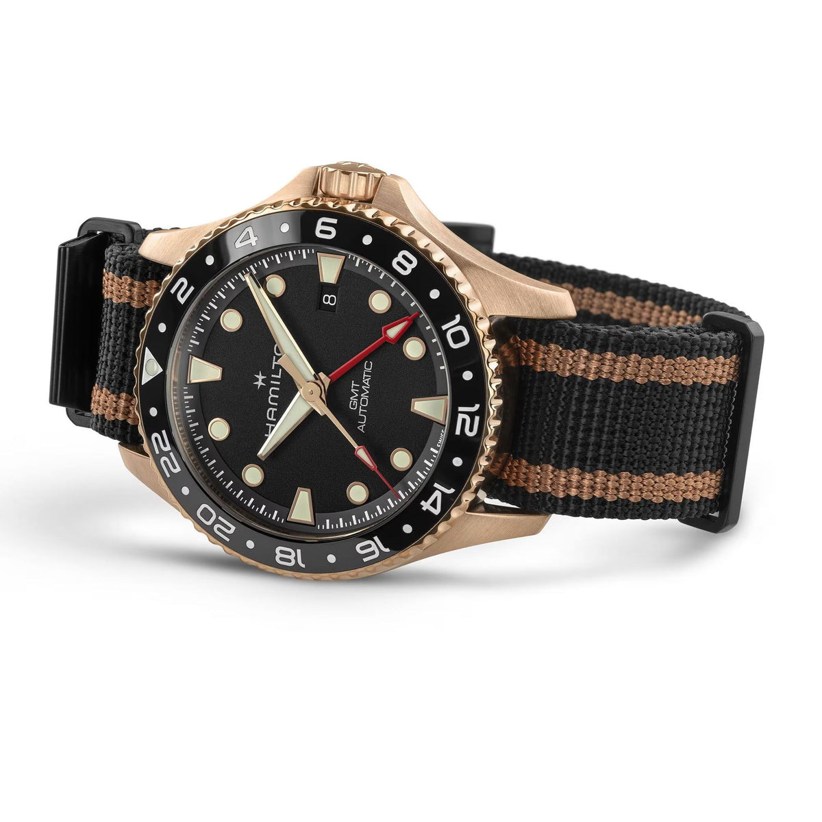 Hamilton Khaki Navy H82565930 side view resting flat showing bezel and striped NATO fabric strap