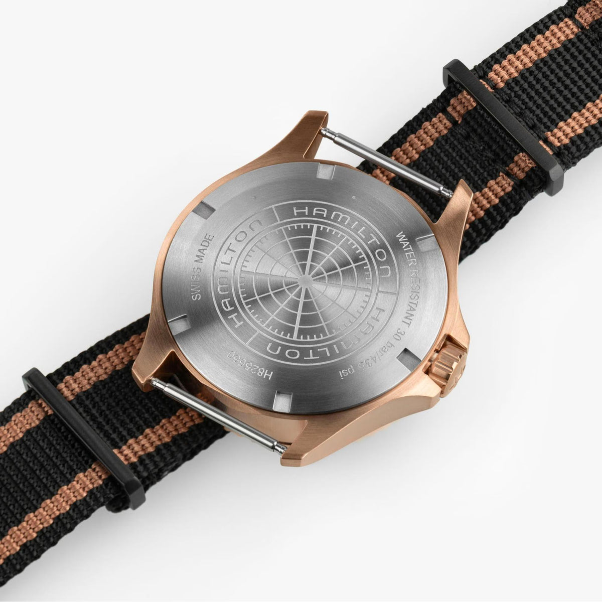 Hamilton Khaki Navy H82565930 back case showing engraved brand details and solid case back
