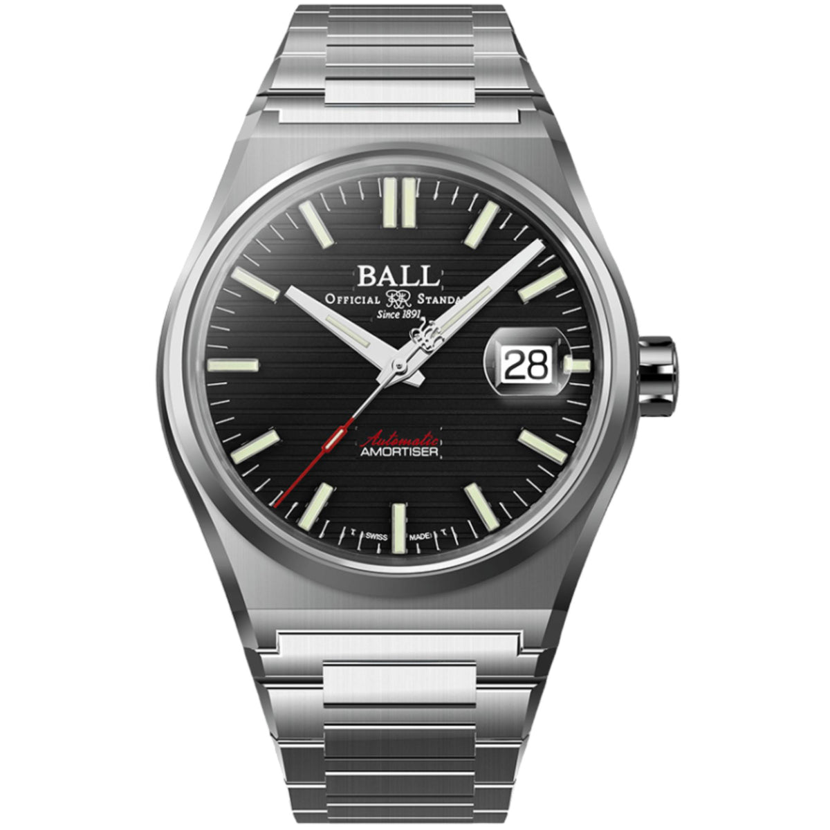 Men's stainless steel watch with black dial, baton markers, and date window showing 28