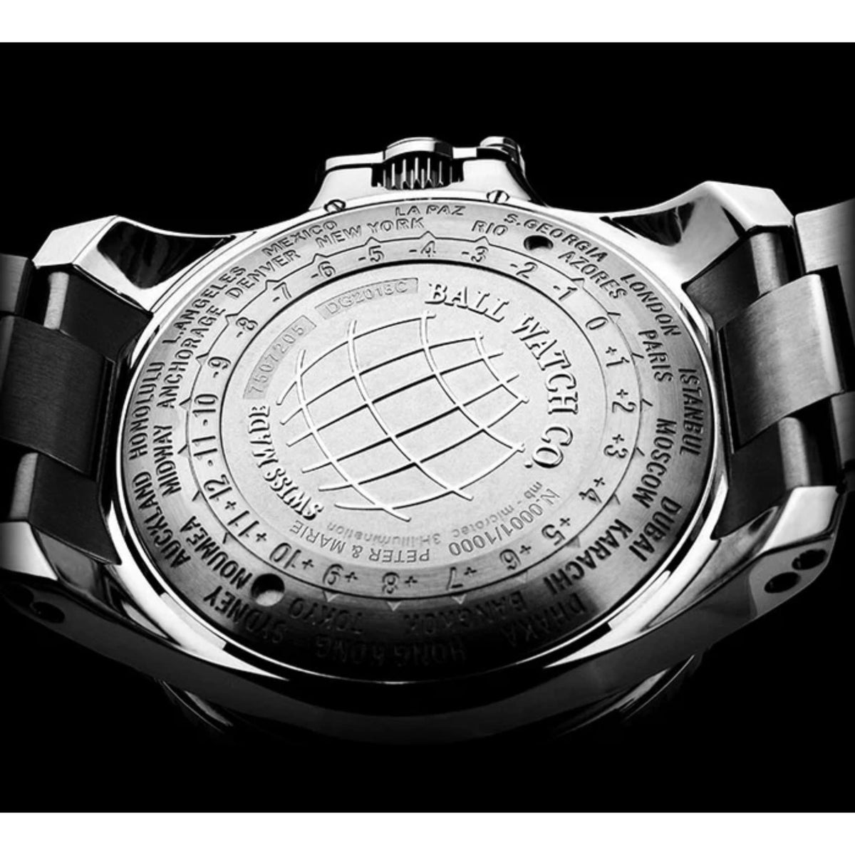 Stainless steel watch caseback with engraved “BALL WATCH CO.” and compass-style lines