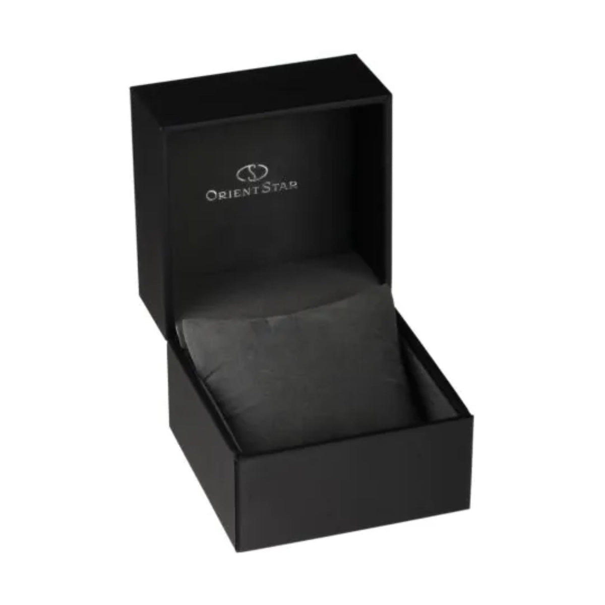 Black watch display box with Orient Star logo, hinged lid and open tray