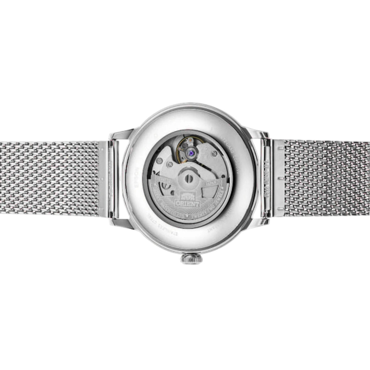 Automatic watch with open caseback showing movement, steel mesh bracelet