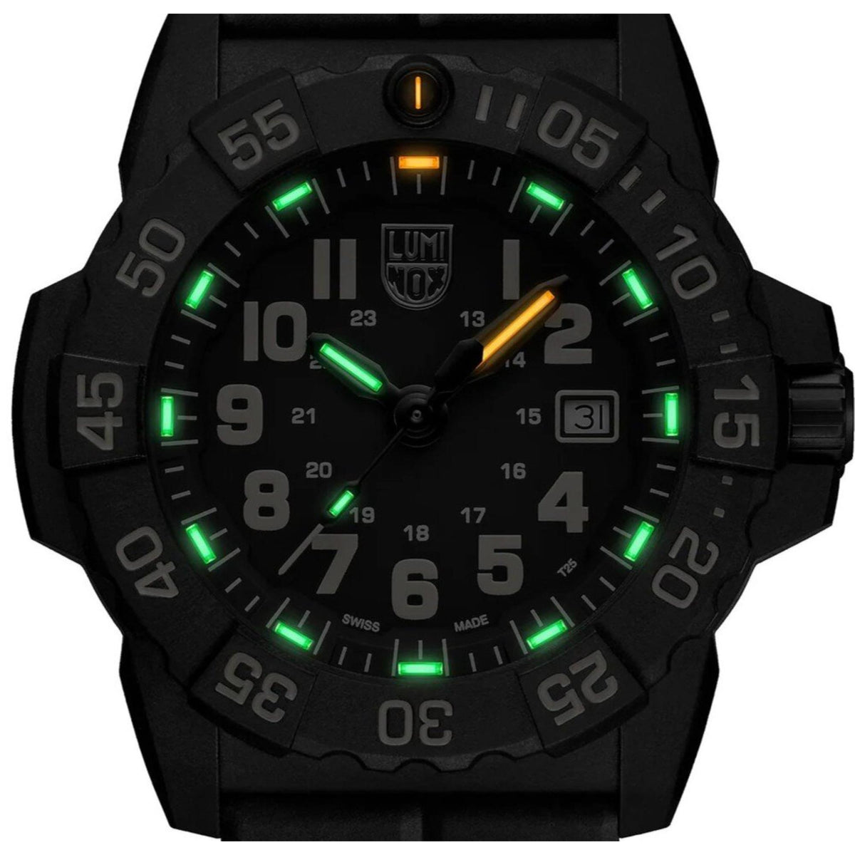 Men’s black dial quartz watch with green luminous markers, date window on bezel