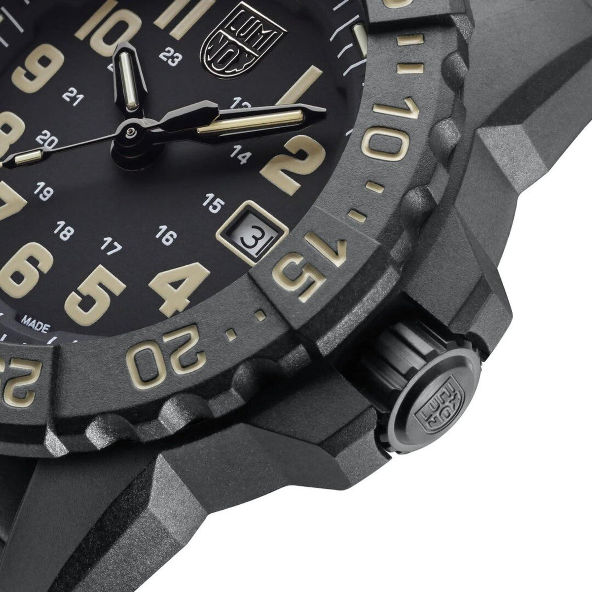 Close-up side view of black bezel men’s watch with numbered markings and crown