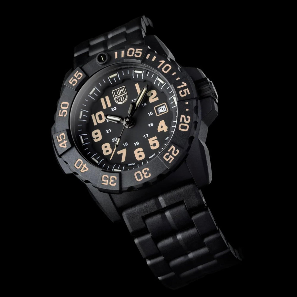 Men’s black dial quartz watch with glowing gold numerals and green accent lights