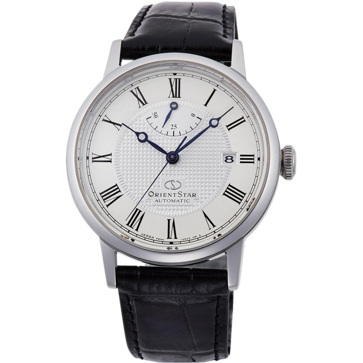 Men's automatic watch with white dial, Roman numerals, and black leather strap