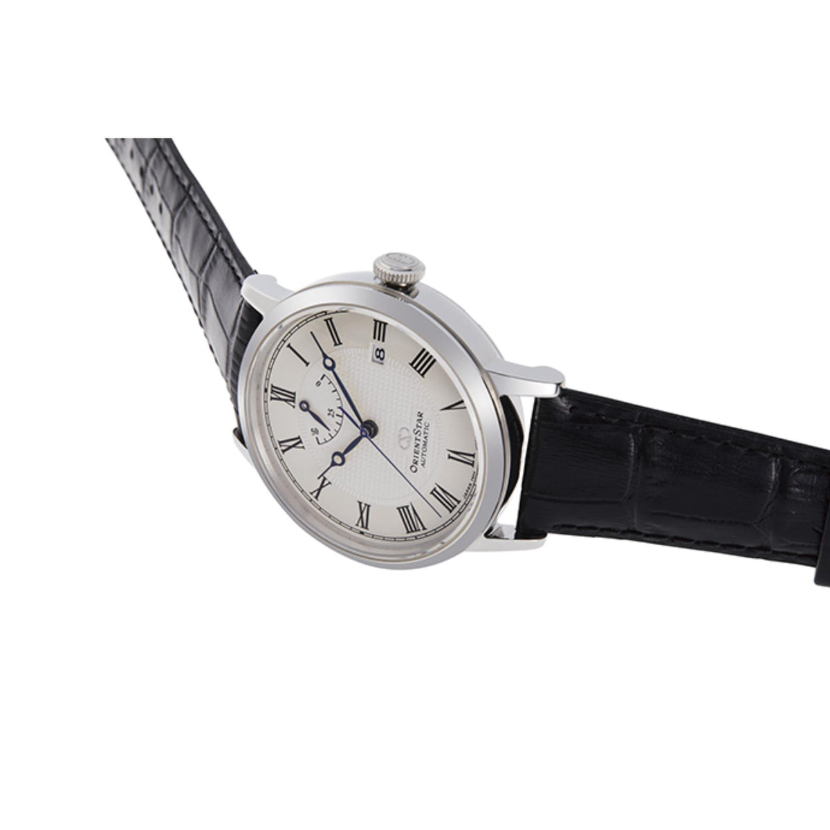 Men's automatic watch side view with white dial and black leather strap