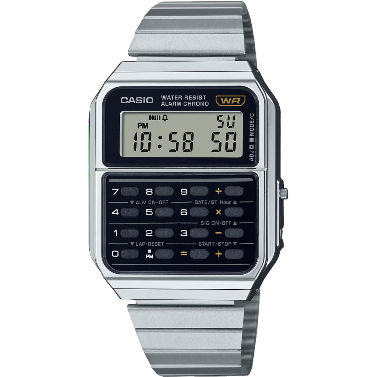Casio calculator-style digital watch with silver metal bracelet and black face