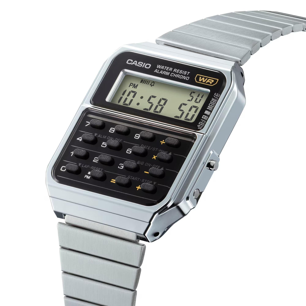 Casio calculator-style digital watch on silver metal bracelet, angled view