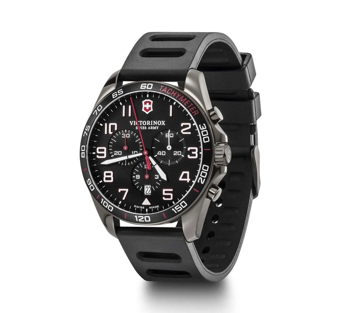 Victorinox FieldForce 42mm chronograph watch, black dial, black rubber strap, angled view
