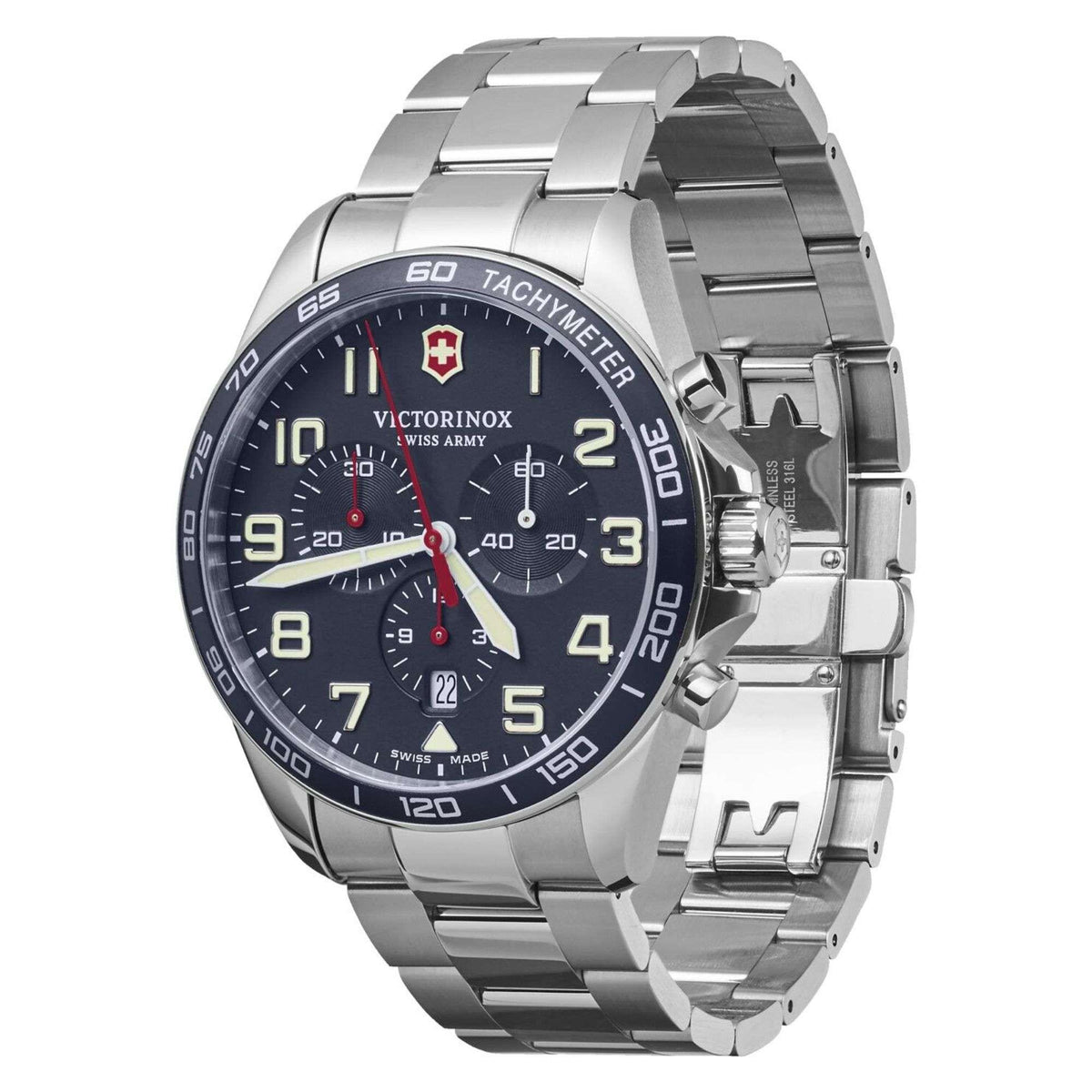 Men's steel case chronograph watch with blue dial, tachymeter markings, and chronograph subdials