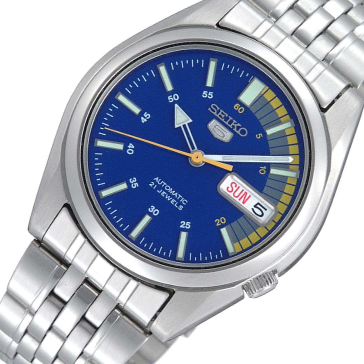 Seiko watch with blue dial and silver metal strap on a white background