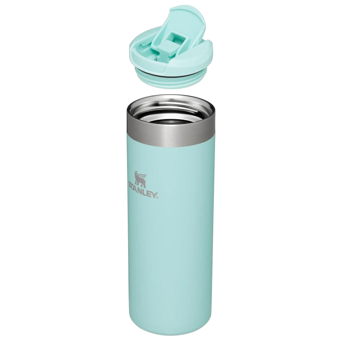 Stanley insulated travel mug with open flip-top and stainless rim on light aqua blue