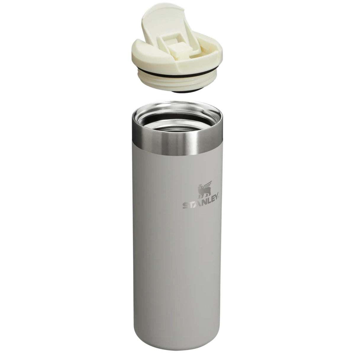 Light gray travel mug with cream flip-top lid open, showing stainless interior