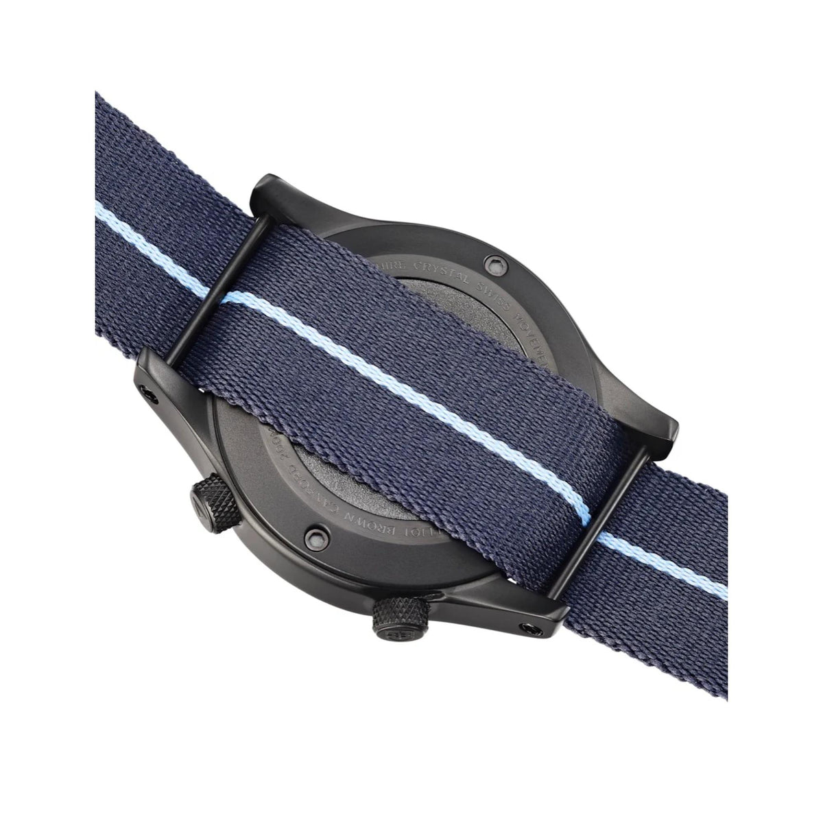 Men's quartz watch, close-up of navy rubber strap with white stripe and buckle