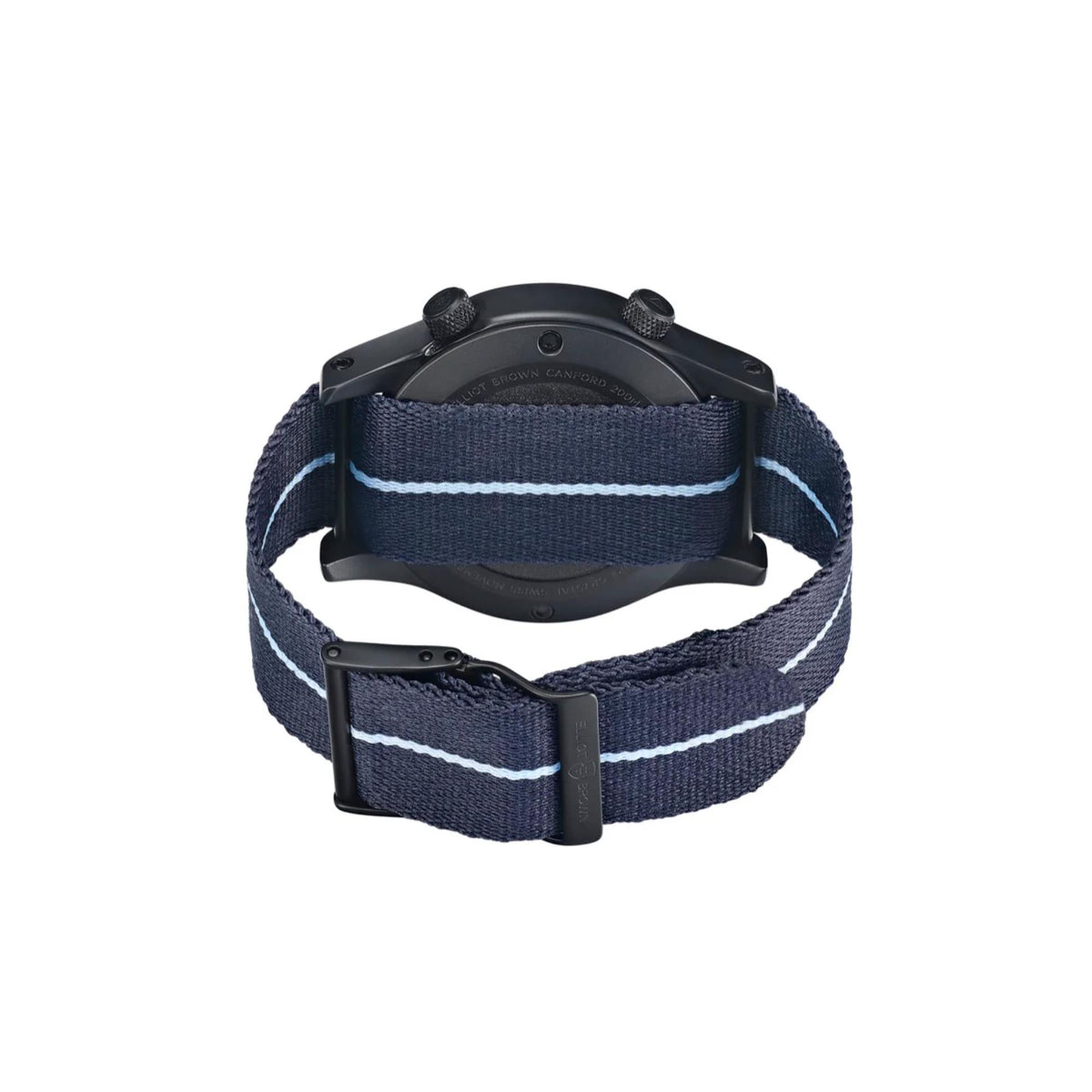 Men's quartz watch, side view with navy rubber strap and white stripe buckle