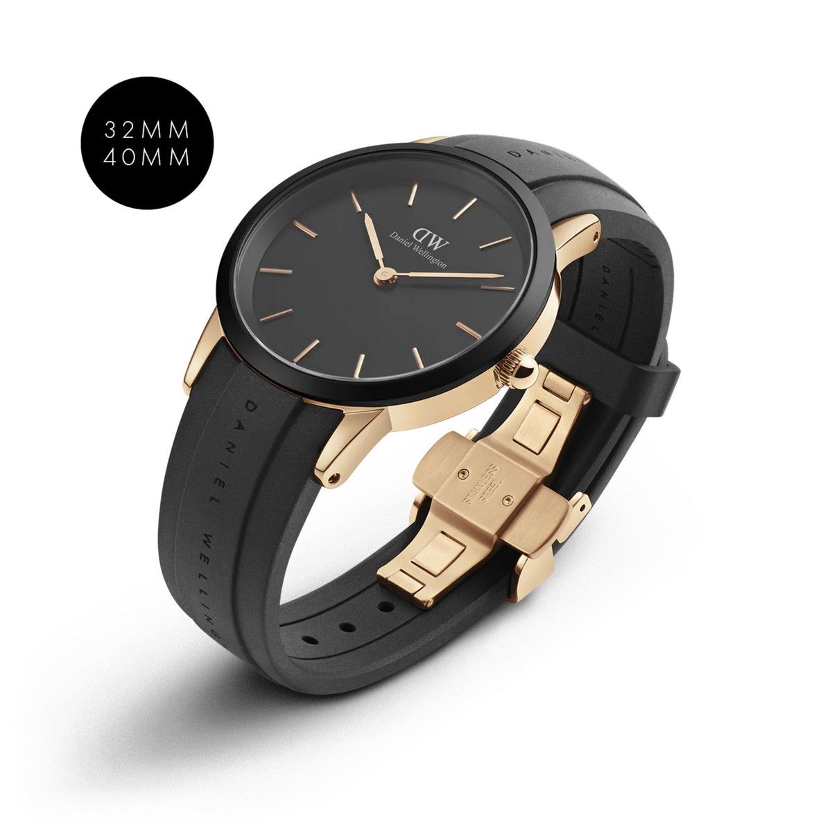 40mm rubber quartz watch with black dial, gold indices, and matching black strap
