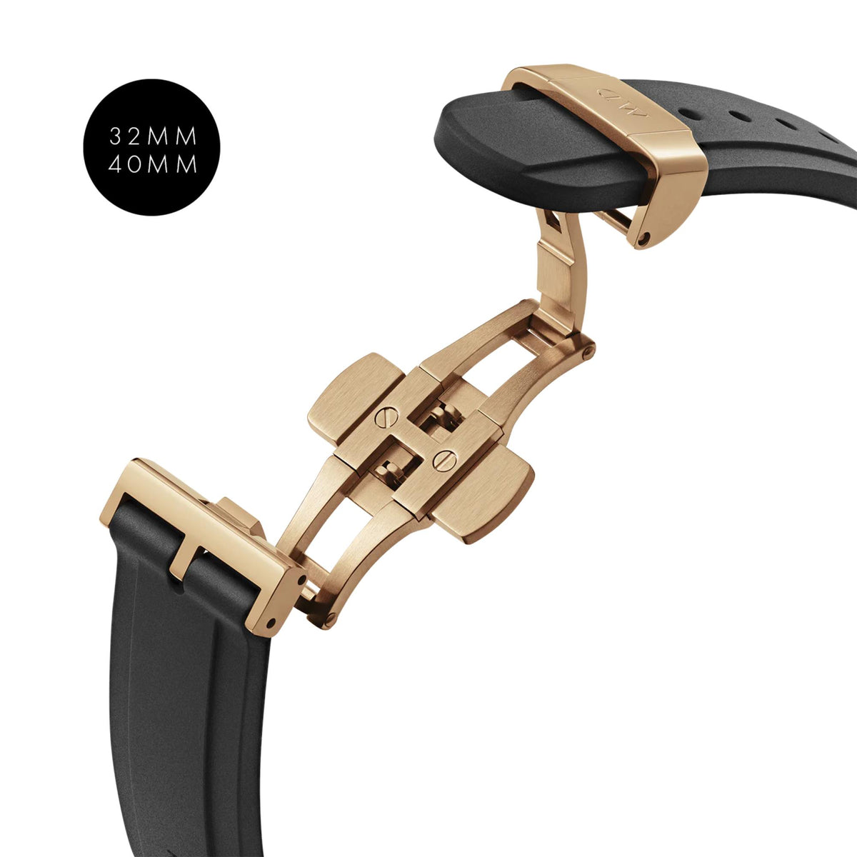 40mm rubber quartz watch open clasp and gold-tone hardware on black rubber strap