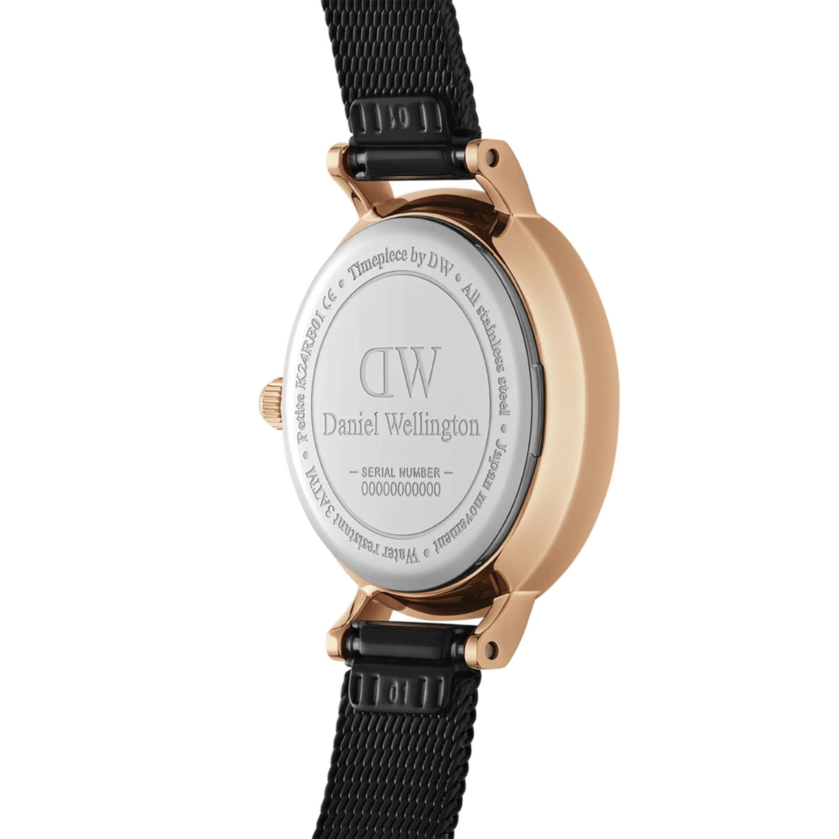 Rose gold round watch case with black mesh strap; engraved case back