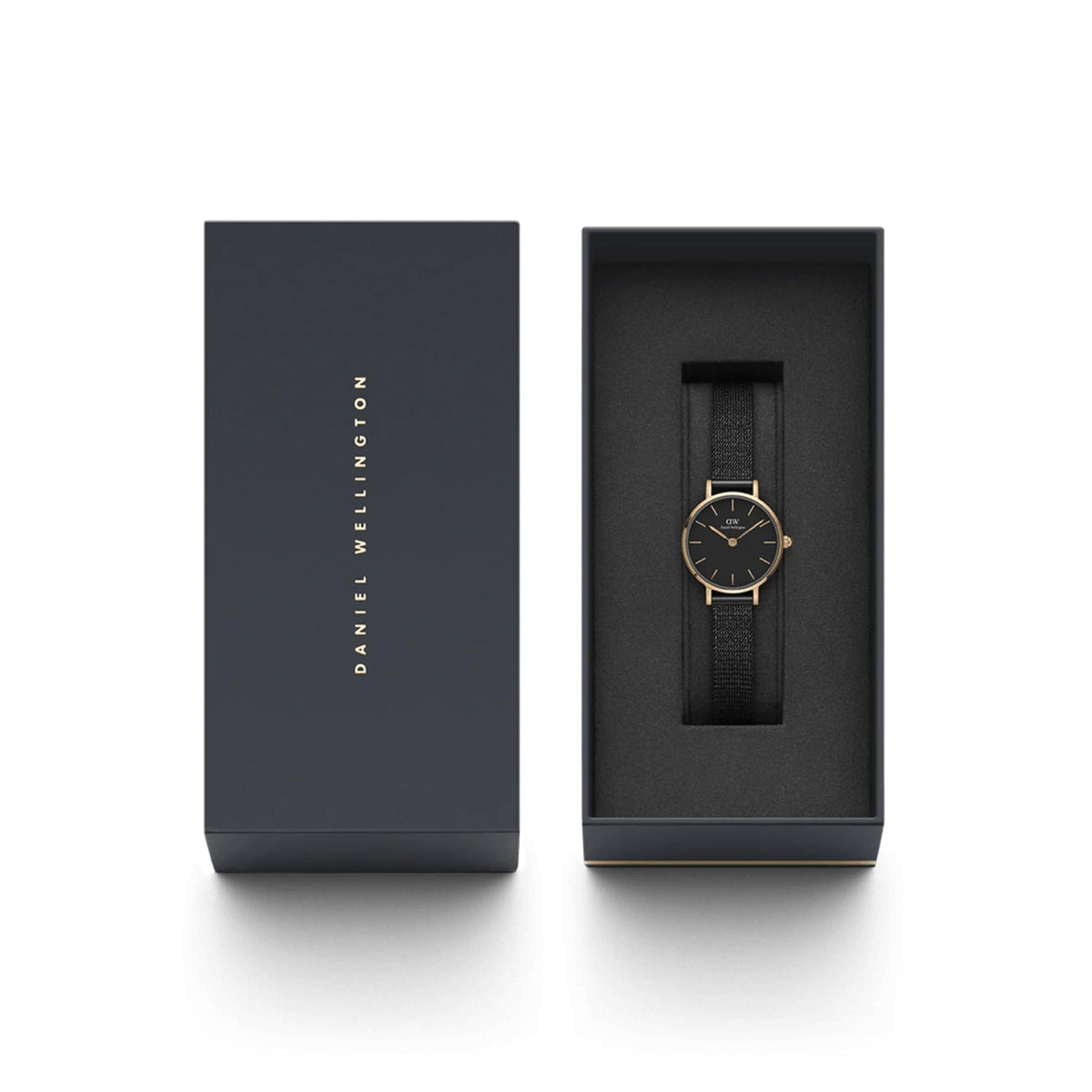 Daniel Wellington watch in black gift box with visible watch face