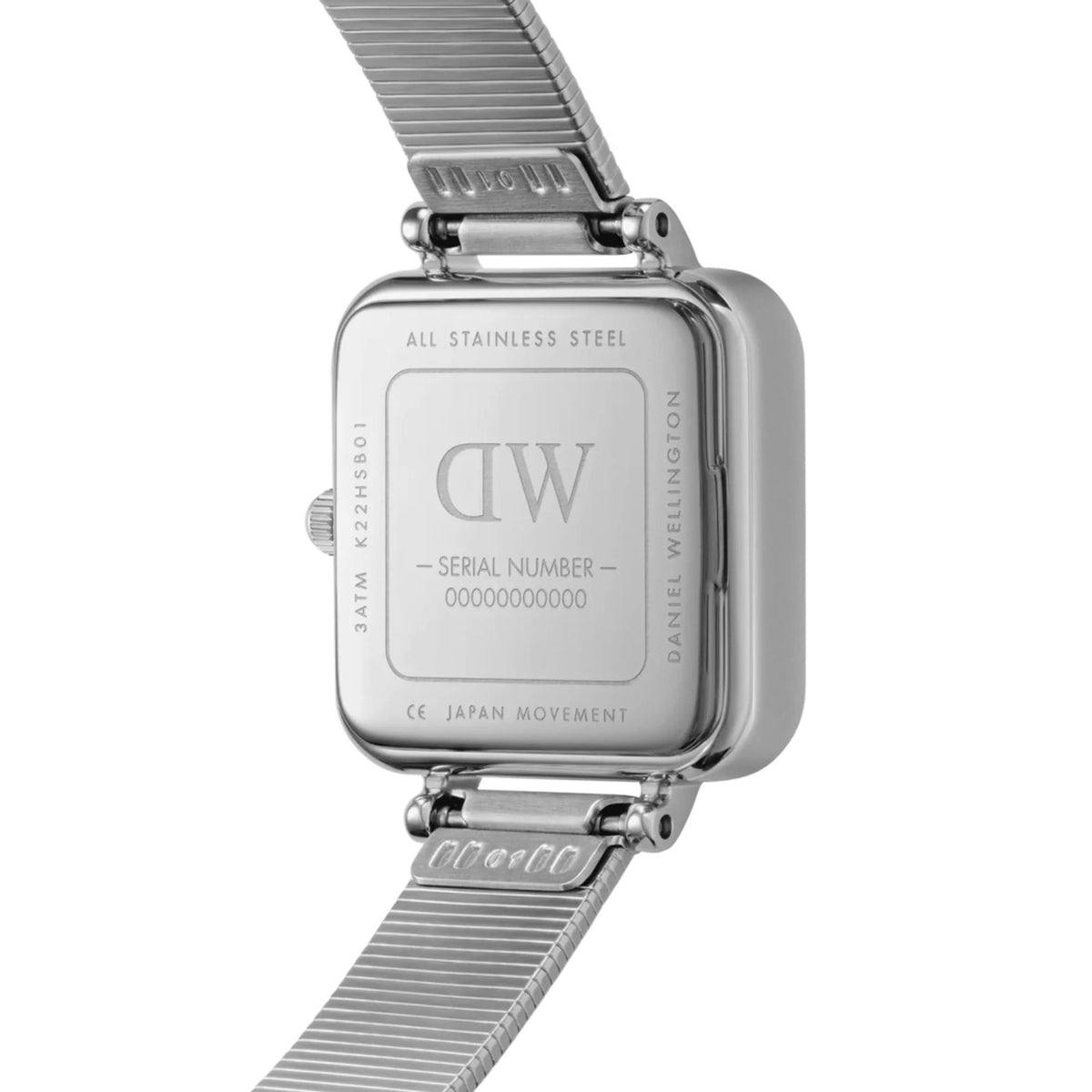 Ladies steel quartz watch case back with engravings, square case and metal strap