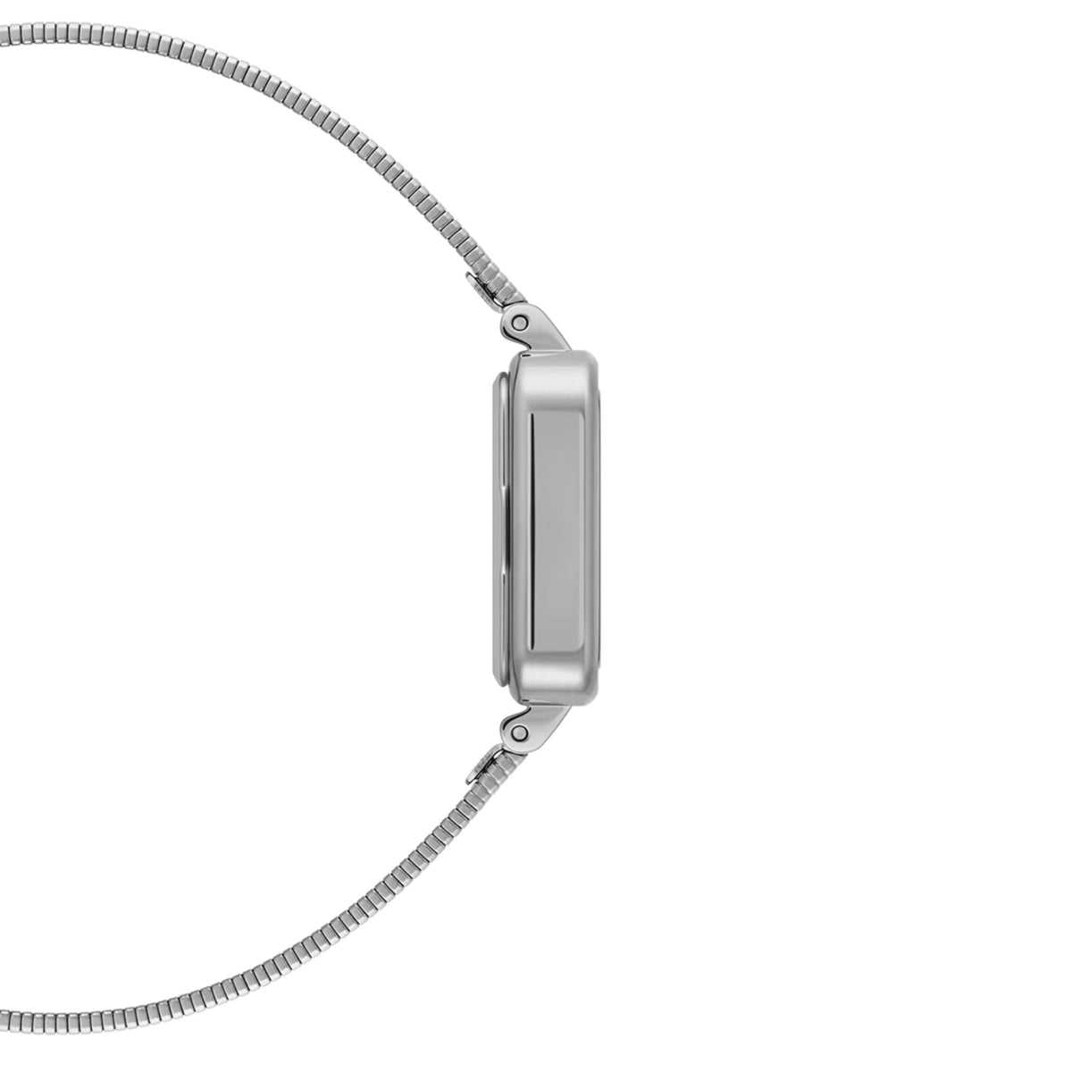 Ladies steel quartz watch side profile with ribbed metal bracelet and link connections