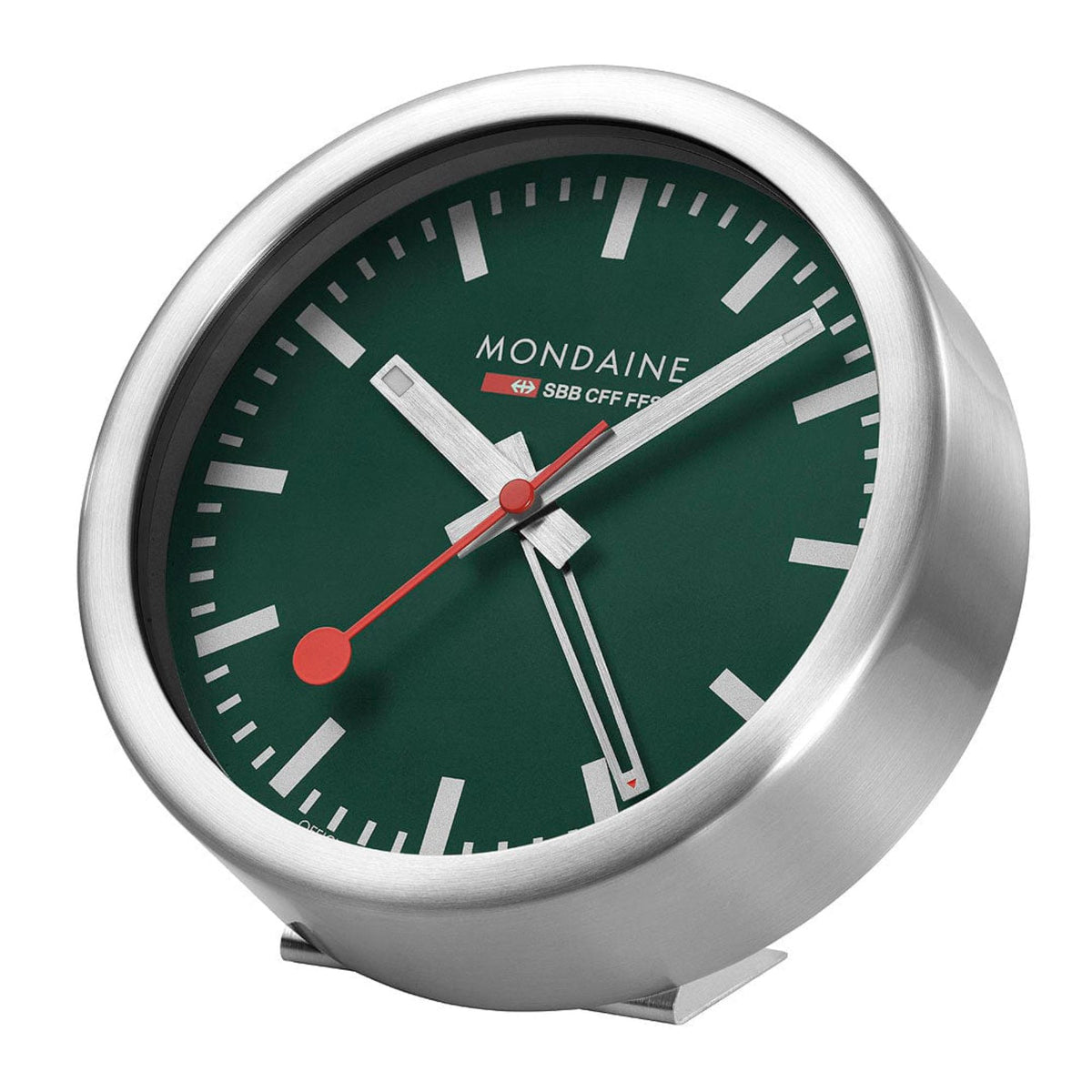Green dial clock face with silver bezel, baton hour marks, red second and minute hands