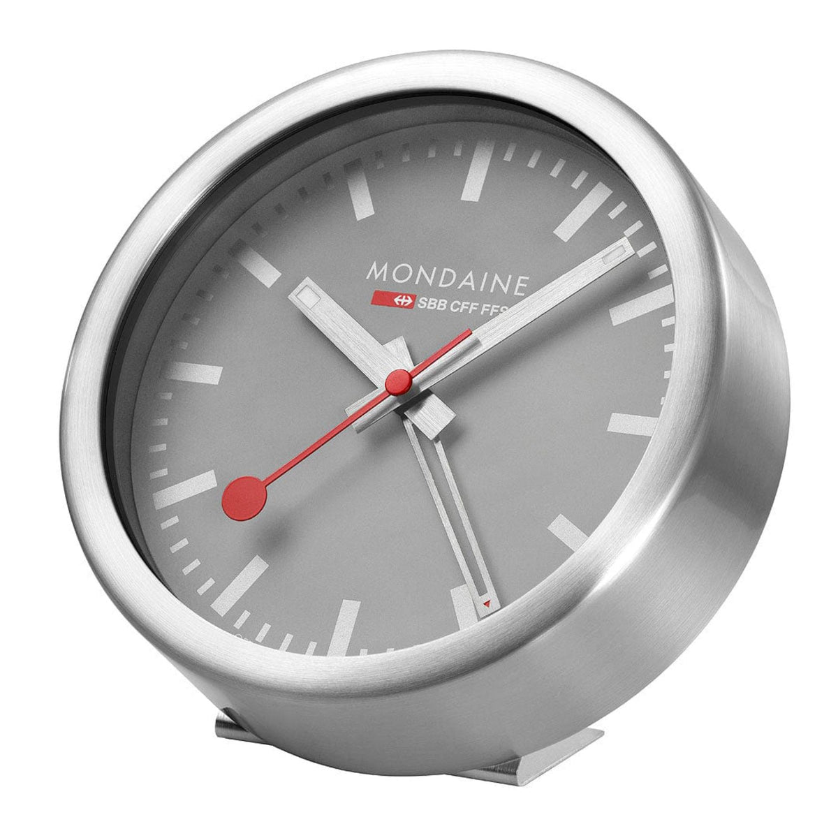 Round aluminum table alarm clock, grey dial with red hands and white hour markers
