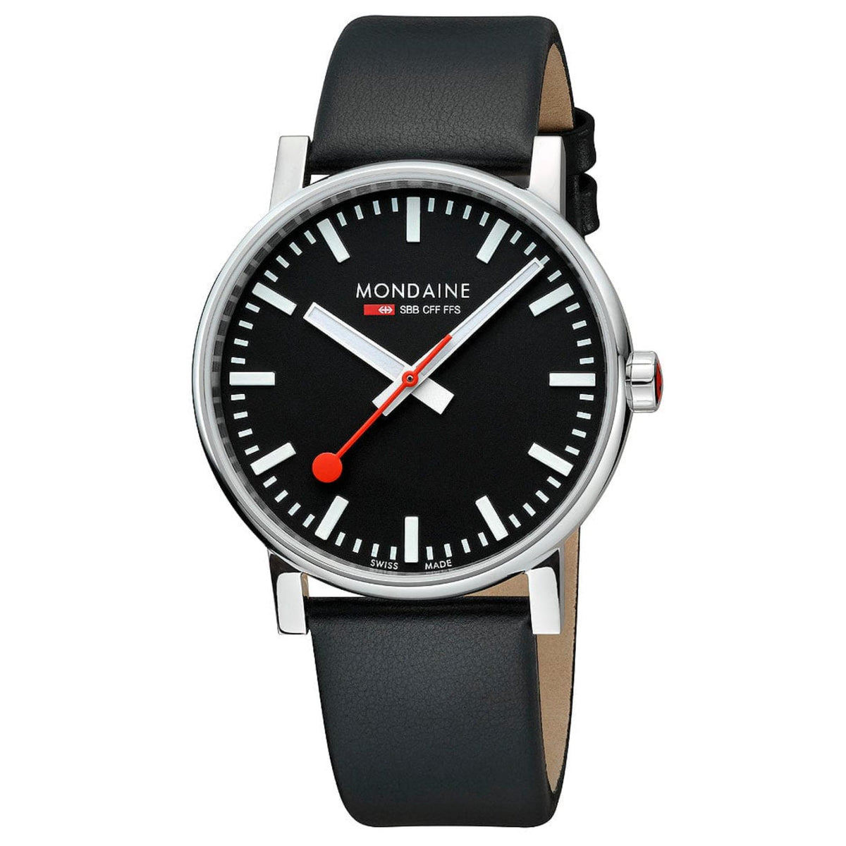 Mondaine Evo2 MSE.43120.LB analog wristwatch front view showing polished stainless steel lugs and casing