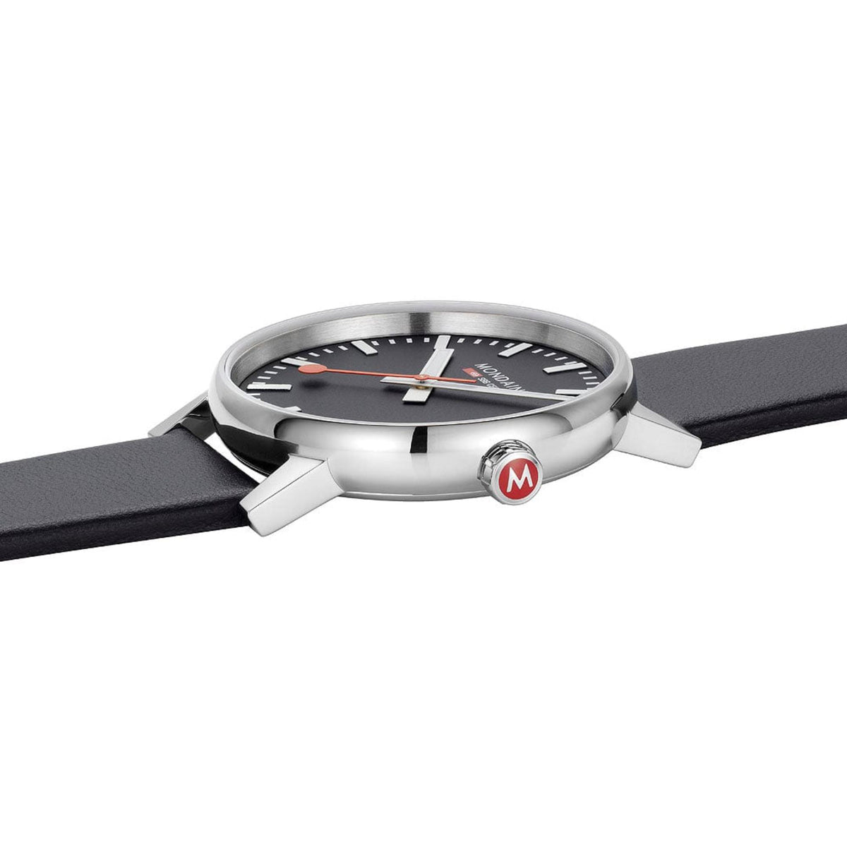 Mondaine Evo2 MSE.43120.LB dress watch side profile displaying slim case and red 'M' crown