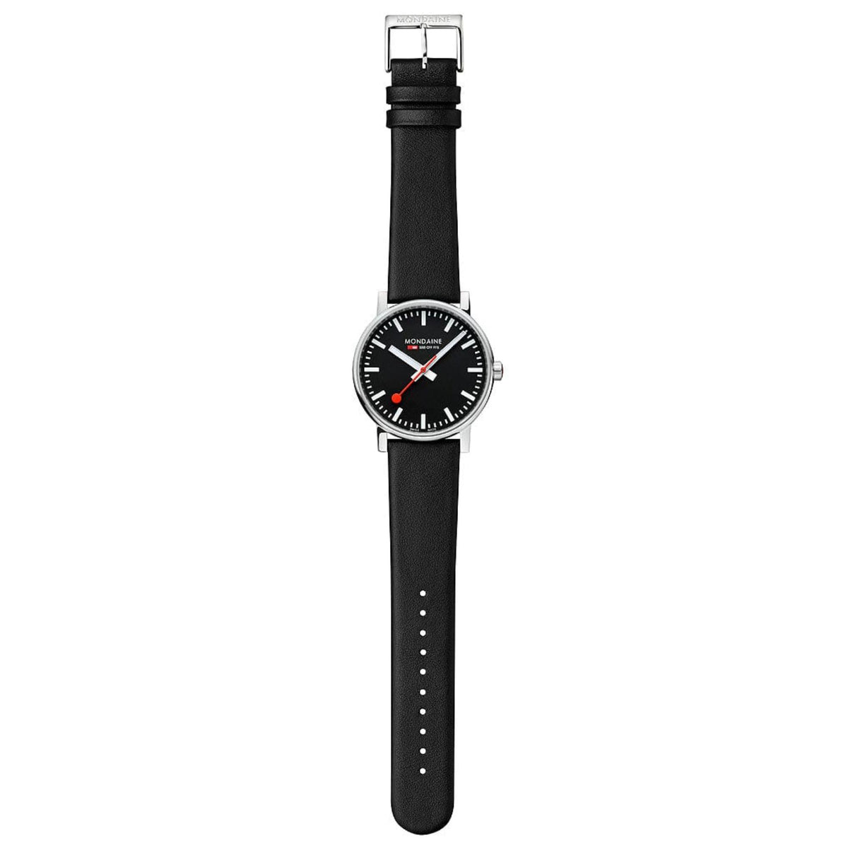Mondaine Evo2 MSE.43120.LB Swiss-made watch, full-length view with extended black leather strap