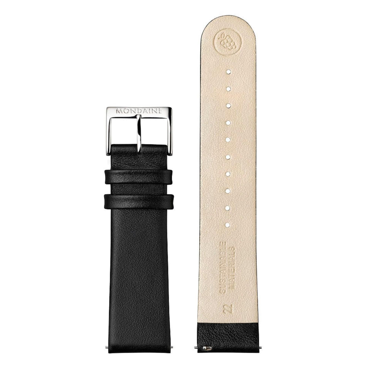 Mondaine Evo2 MSE.43120.LB leather watch band top and underside view showing stainless steel pin buckle
