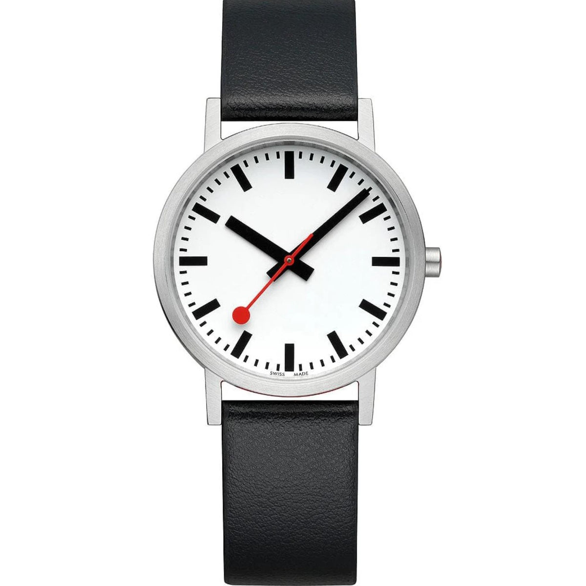 Mondaine Classic A660.30360.16OMV Swiss railway watch with minimalist white dial, black leather band, and iconic red second hand