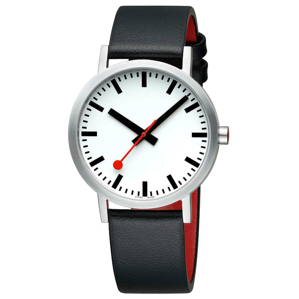 Mondaine Classic A660.30360.16OMV analog timepiece displaying a white dial and a red-lined strap
