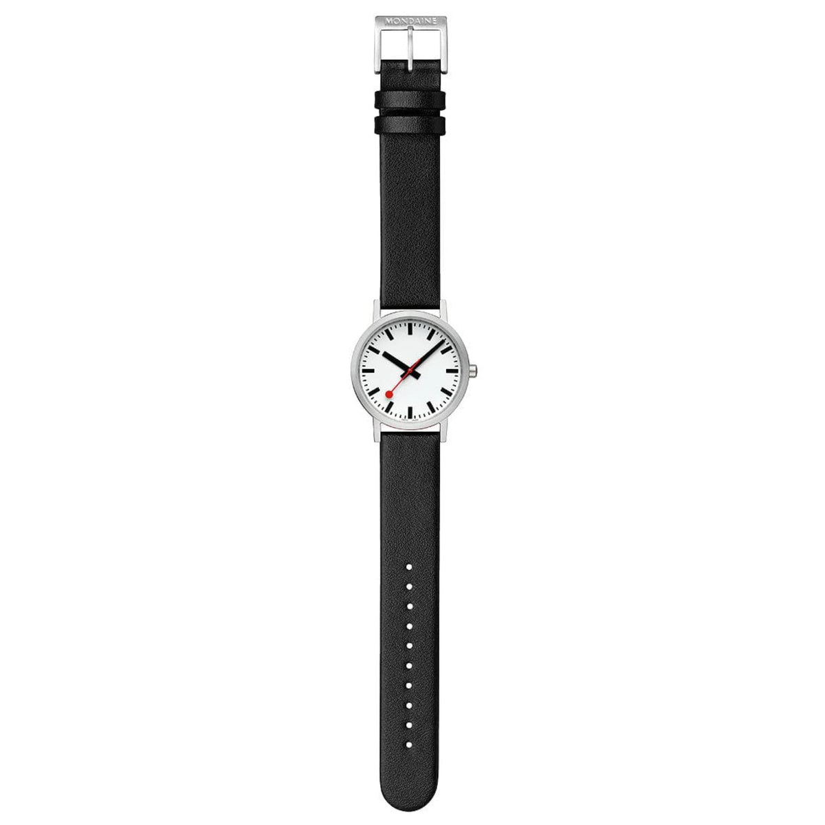 Mondaine Classic A660.30360.16OMV casual watch flat lay view with extended black leather strap