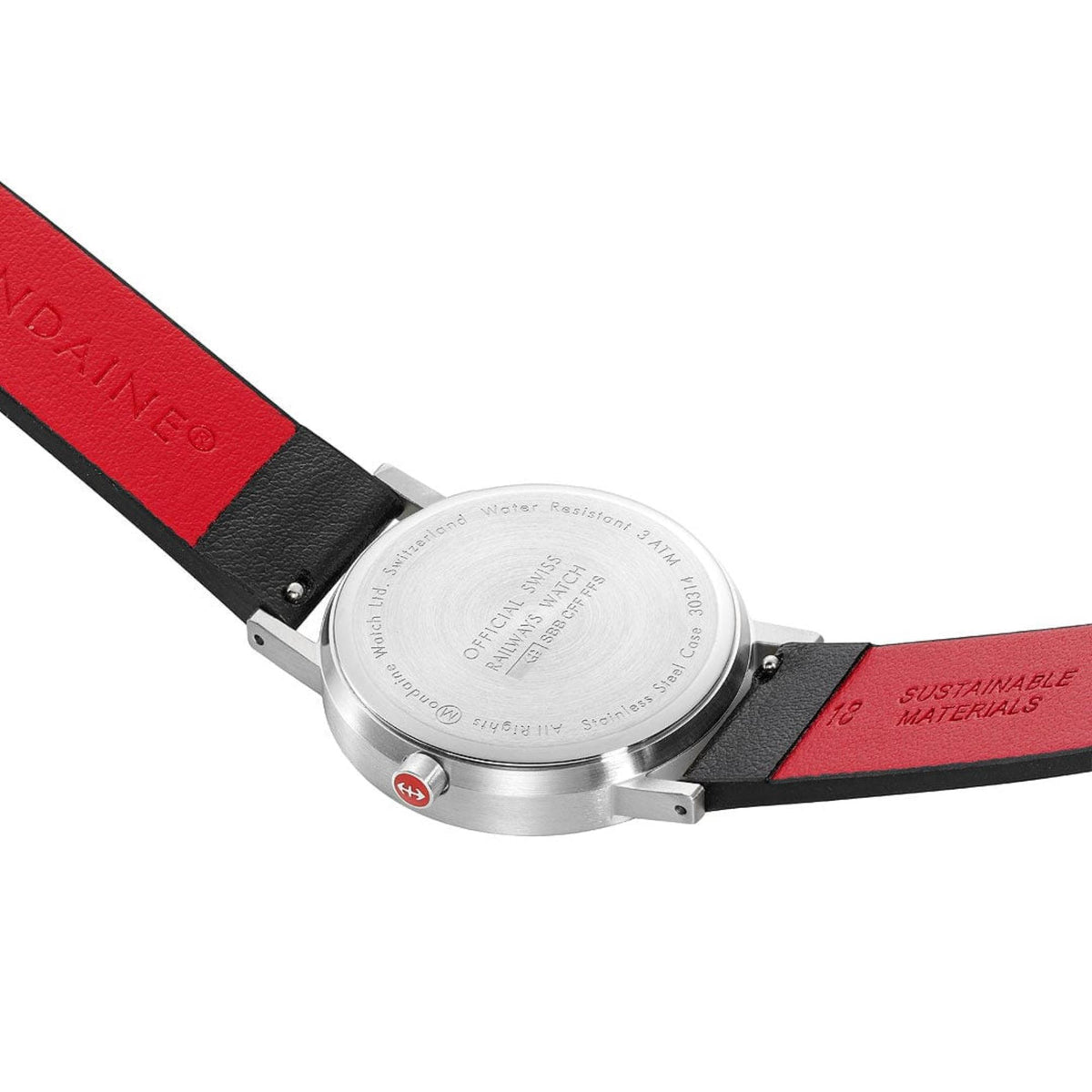 Mondaine Classic A660.30360.16OMV Swiss-made watch case back displaying engraved details and red leather underside