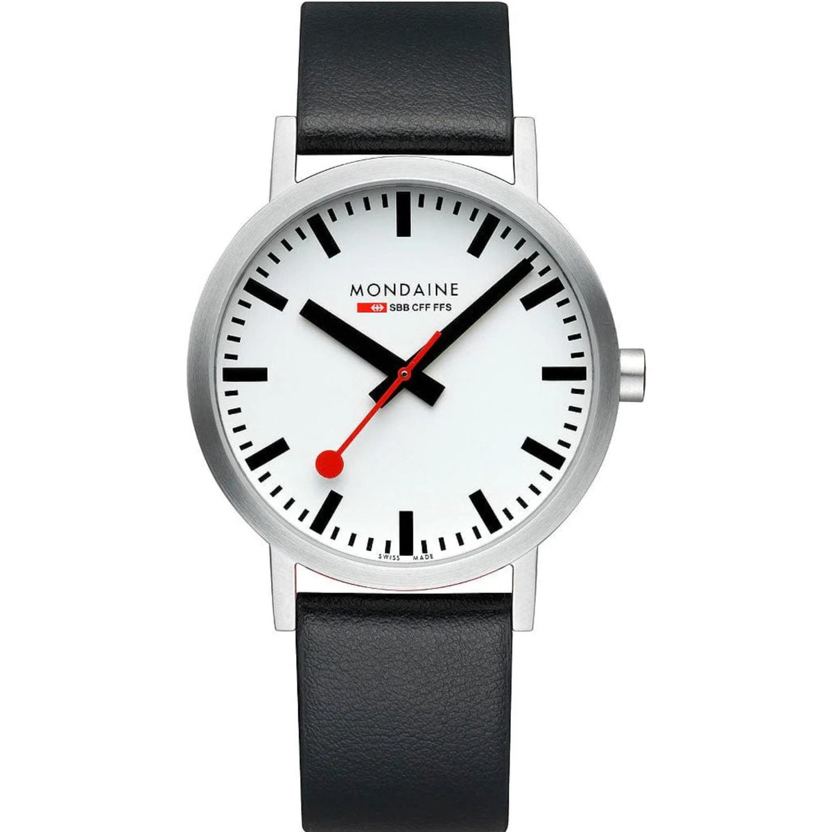 Mondaine Classic A660.30360.16SBBV Swiss railway watch with iconic white dial and black leather strap