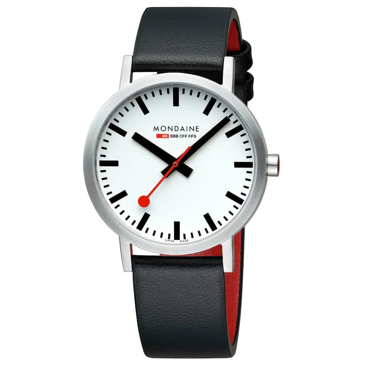 Mondaine Classic A660.30360.16SBBV analog wrist watch angled view showing red strap backing