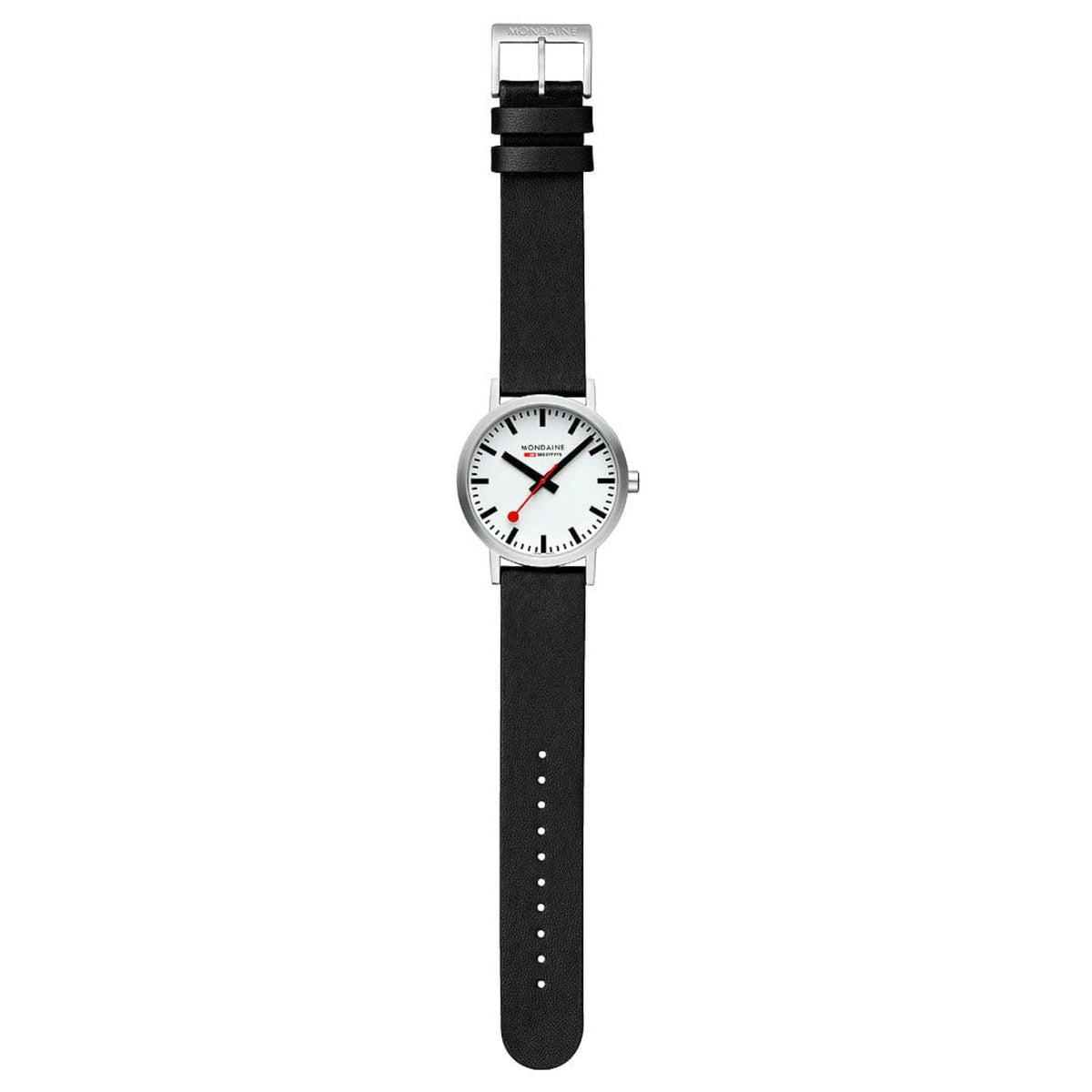 Mondaine Classic A660.30360.16SBBV casual timepiece flat lay view with extended black strap