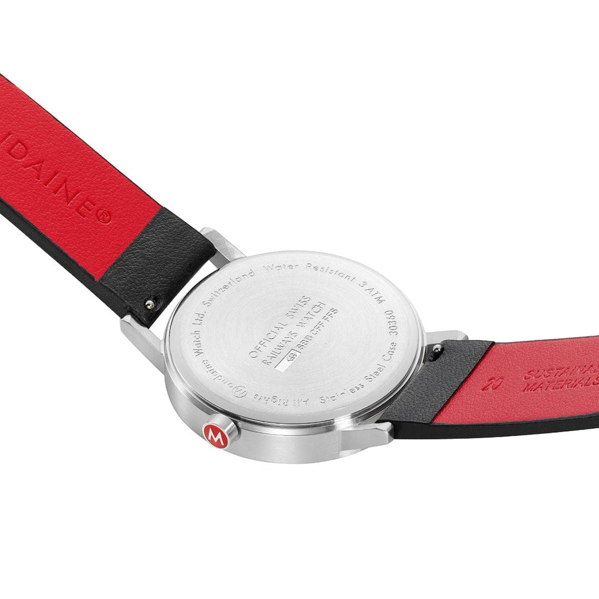 Mondaine Classic A660.30360.16SBBV dress watch case back showing stainless steel finish and red lining