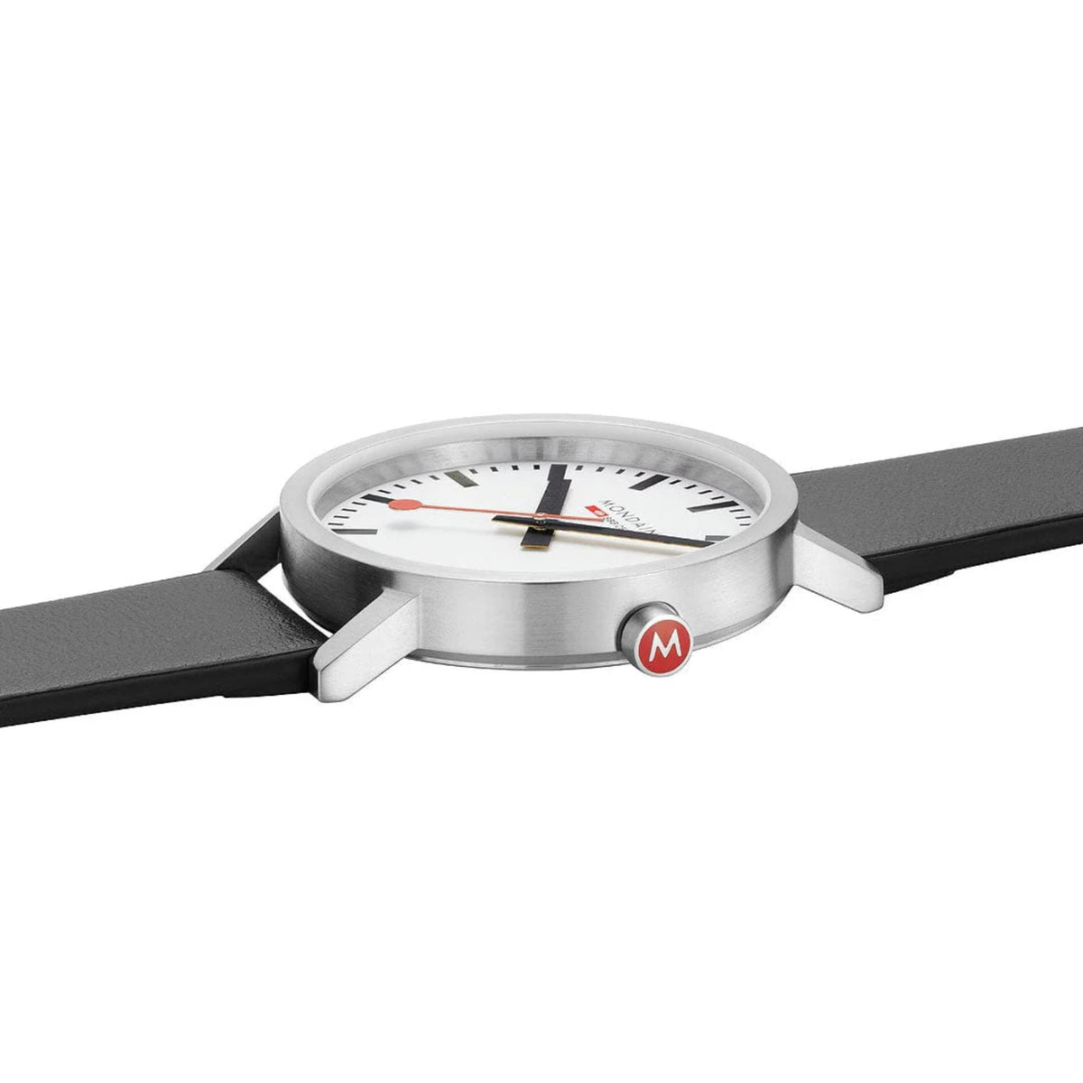 Mondaine Classic A660.30360.16SBBV minimalist watch profile view featuring red logo crown