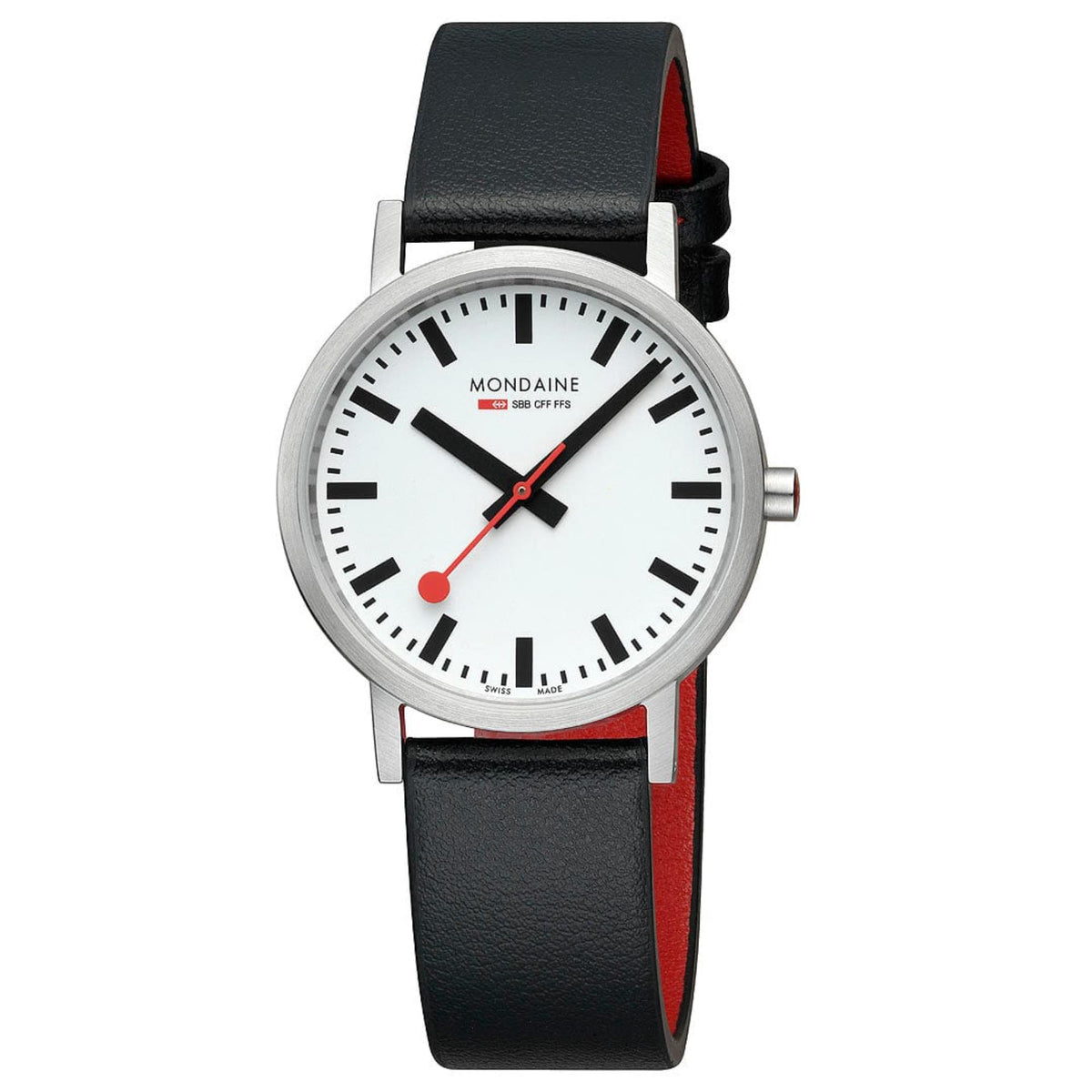 Mondaine Classic A660.30314.16SBBV analog wristwatch front view showing white dial and red-lined leather strap