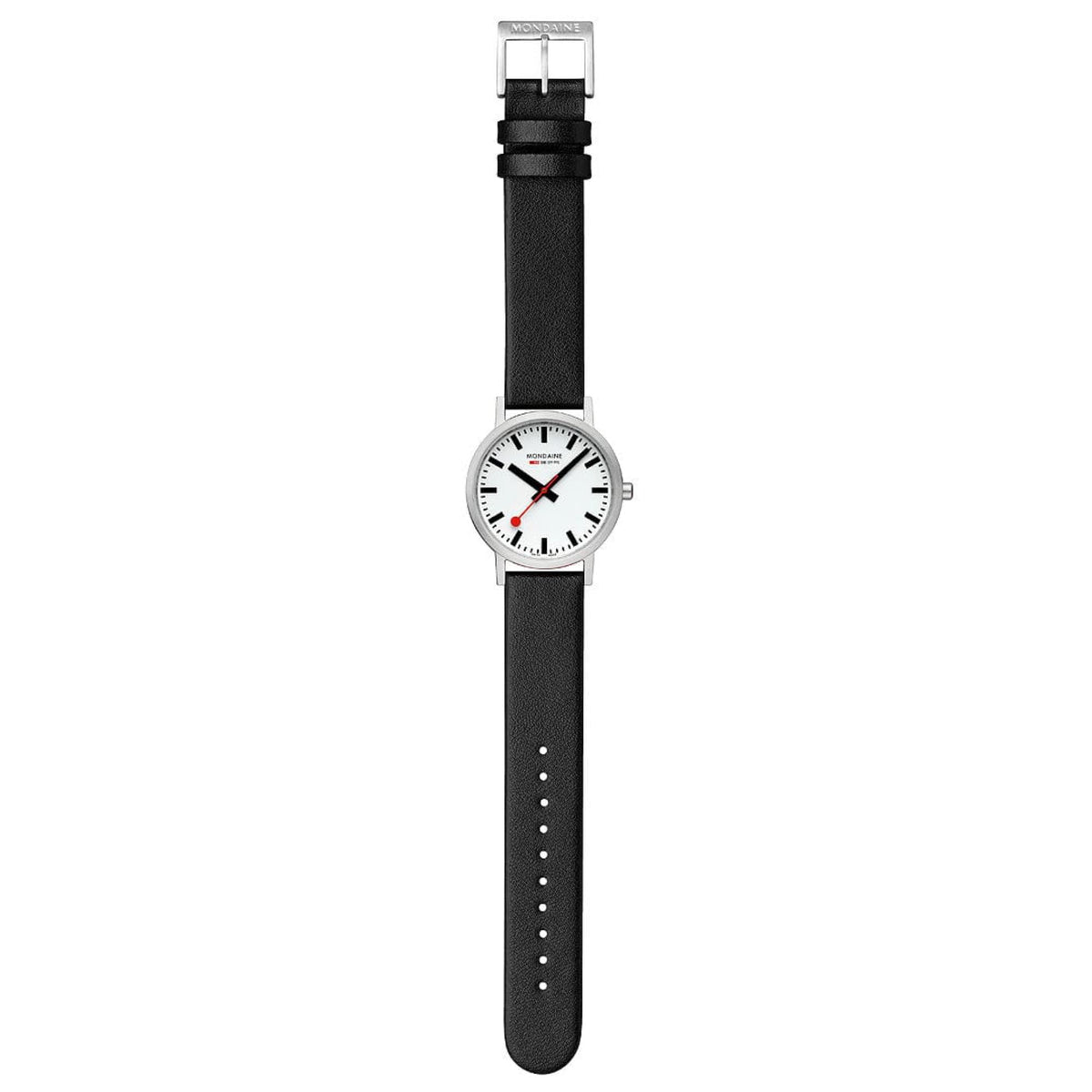 Mondaine Classic A660.30314.16SBBV minimalist wrist watch, layflat view with extended black leather strap