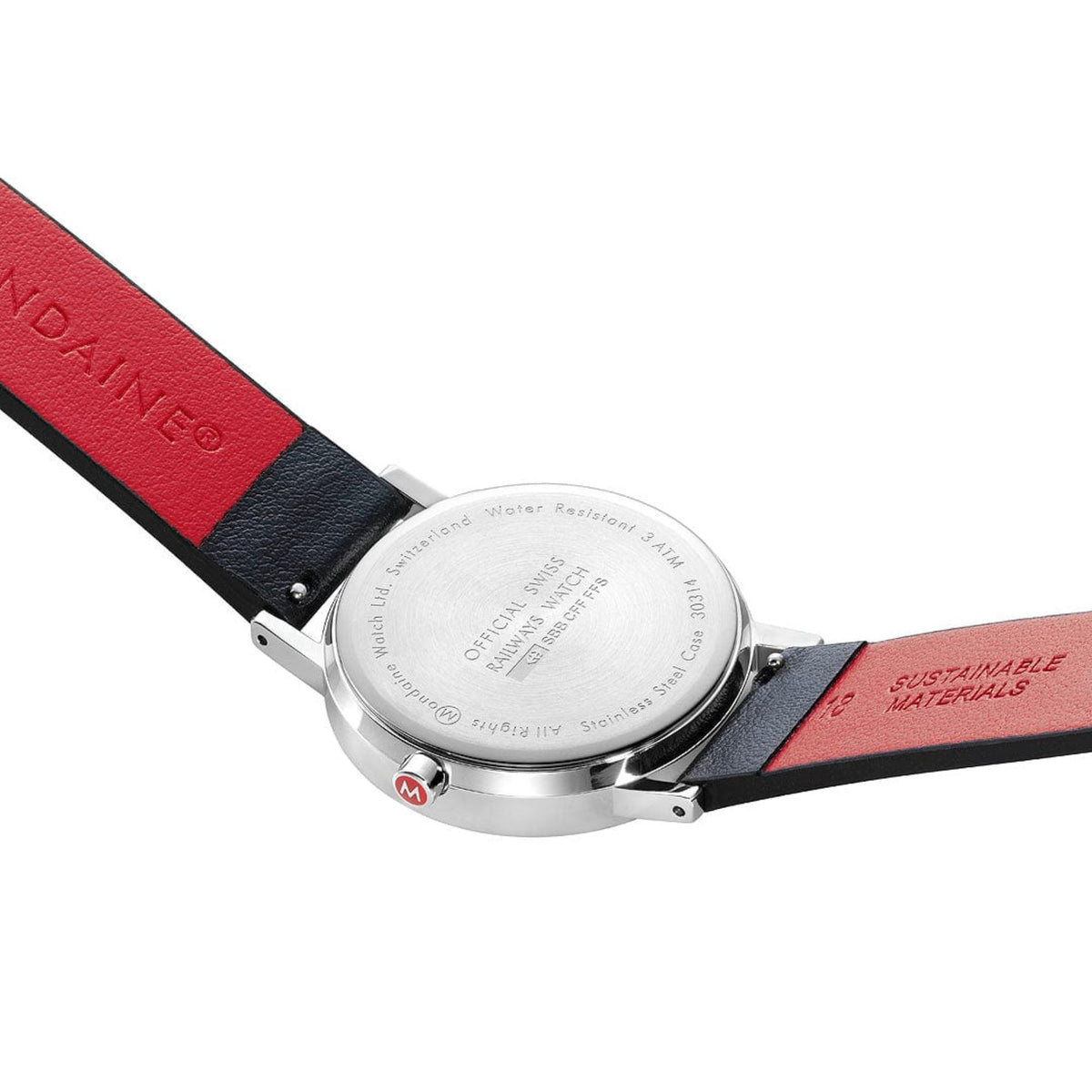 Mondaine Classic A660.30314.16SBBV Swiss-made watch case back view with engraved details and red leather strap lining